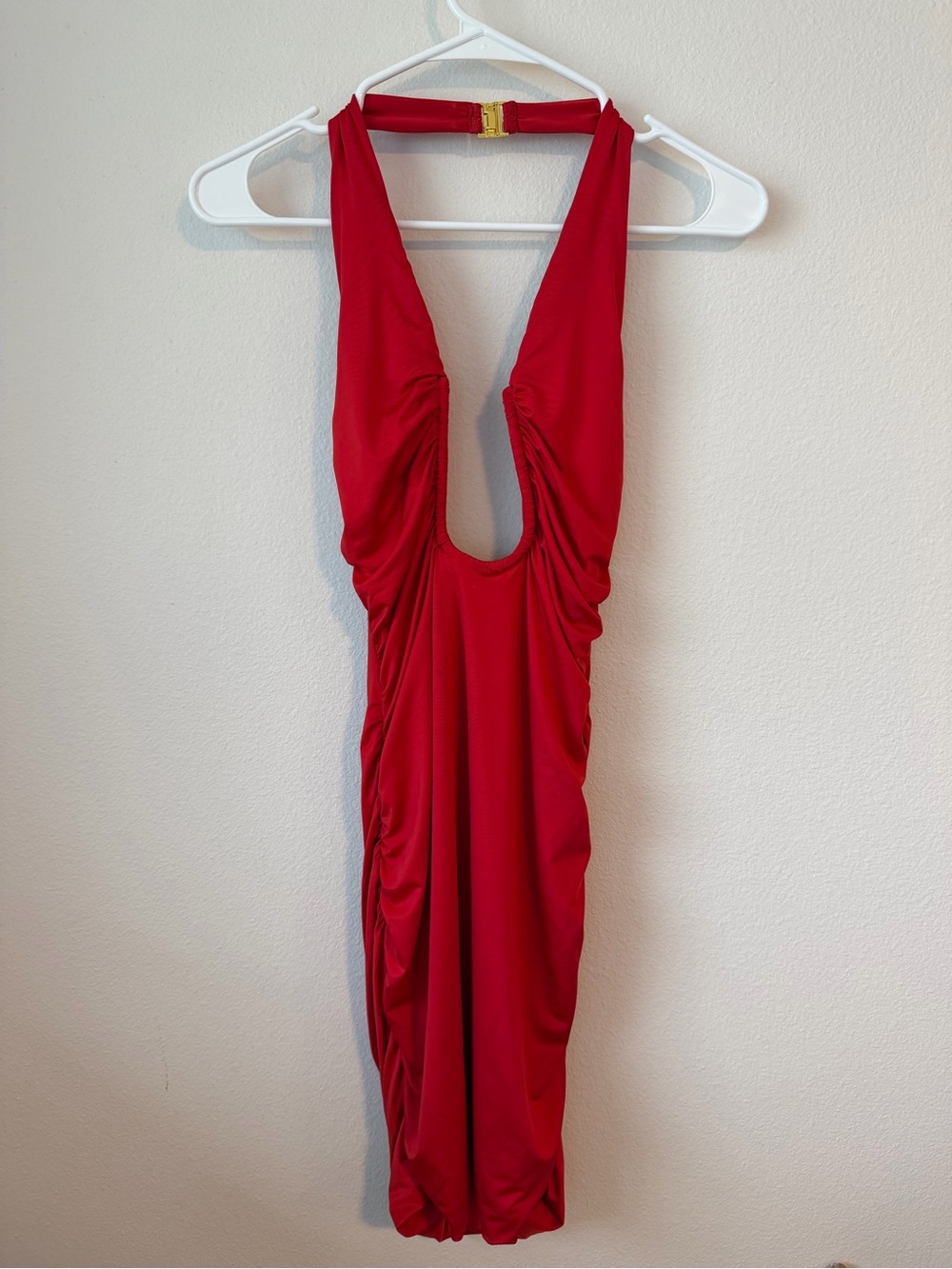 Oh Polly Red Ruched Backless Halter Dress with Gold Clip